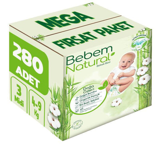 Bebem Bebek Bezi Natural 3 Beden 4-9 KG Midi 280 Adet MeGa Fırsat Pk