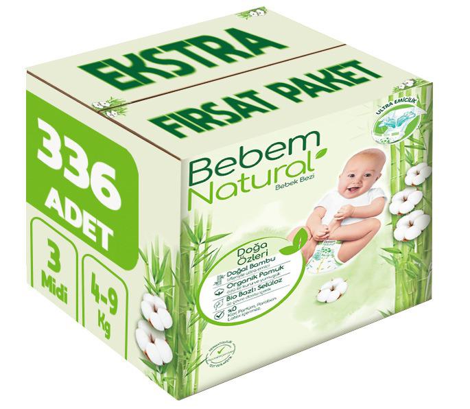 Bebem Bebek Bezi Natural 3 Beden 4-9 KG Midi 336 Adet Ekstra Fırsat Pk