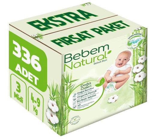 Bebem Bebek Bezi Natural 3 Beden 4-9 KG Midi 336 Adet Ekstra Fırsat Pk