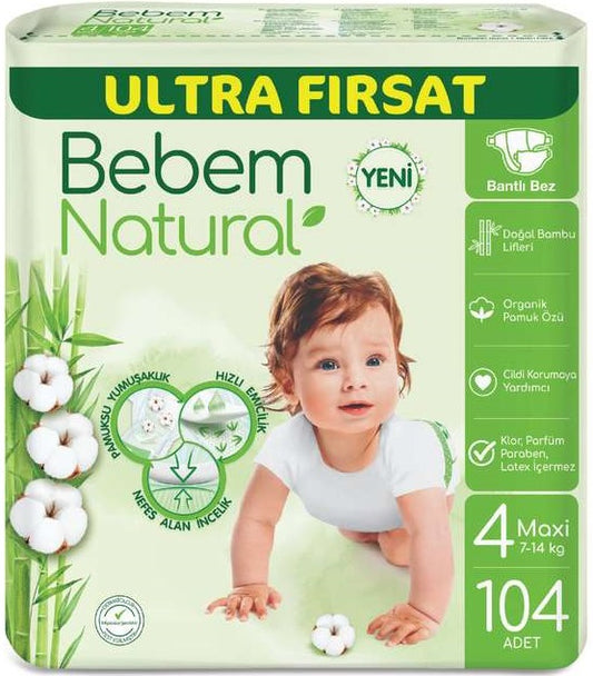 Bebem Bebek Bezi Natural 4 Beden 7-14 KG Maxi 104 Adet Ultra Fırsat Pk