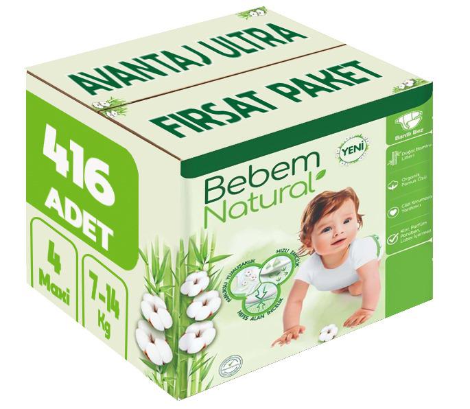 Bebem Bebek Bezi Natural 4 Beden 7-14 KG Maxi 416 Adet Avantaj Ultra Fırsat Pk
