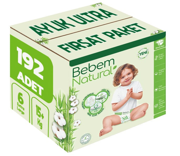 Bebem Bebek Bezi Natural 6 Beden 15+ KG Extra Large 192 Adet Aylık Ultra Fırsat Pk