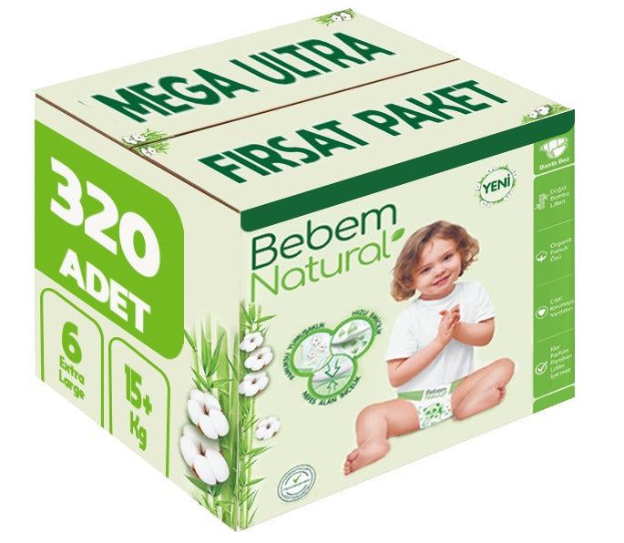 Bebem Bebek Bezi Natural 6 Beden 15+ KG Extra Large 320 Adet MeGa Ultra Fırsat Pk