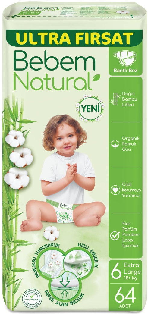Bebem Bebek Bezi Natural 6 Beden 15+ KG Extra Large 64 Adet Ultra Fırsat Pk