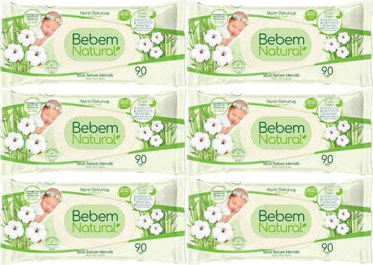 Bebem Natural Islak Bebek Mendili Narin Dokunuş / Yenidoğan 90 Yaprak Plastik Kapaklı 6 Lı Set