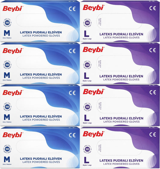 Beybi Lateks Pudralı Muayene Eldiveni M - Medium - Orta / L - Large - Büyük Karma 800 Lü Set