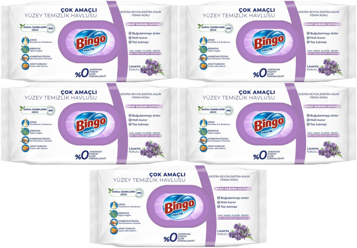 Bingo Clean Yüzey Temizlik Havlusu 96 Yaprak Lavanta Kokulu Plastik Kapaklı (5 Li Set) 480 Yaprak
