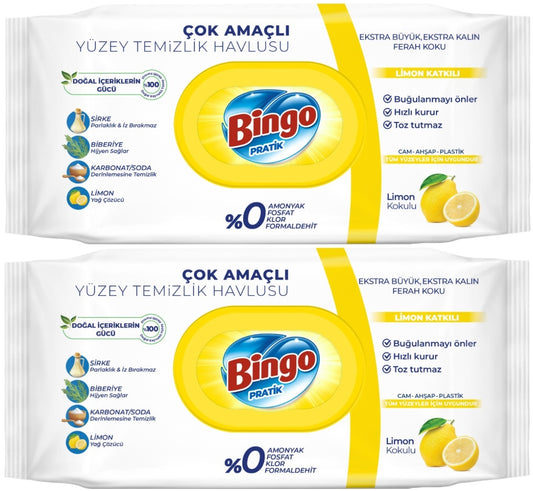 Bingo Clean Yüzey Temizlik Havlusu 96 Yaprak Limon Kokulu Plastik Kapaklı (2 Li Set) 192 Yaprak