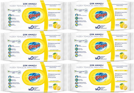 Bingo Clean Yüzey Temizlik Havlusu 96 Yaprak Limon Kokulu Plastik Kapaklı (6 Lı Set) 576 Yaprak