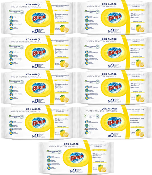 Bingo Clean Yüzey Temizlik Havlusu 96 Yaprak Limon Kokulu Plastik Kapaklı (9 Lu Set) 864 Yaprak
