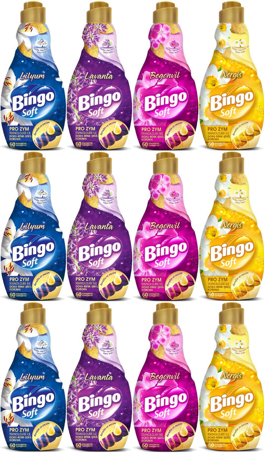 Bingo Soft Çamaşır Yumuşatıcı Konsantre 1440ML Karma 12 Li Set (Lilyum-Lavanta-Begonvil-Nergis)