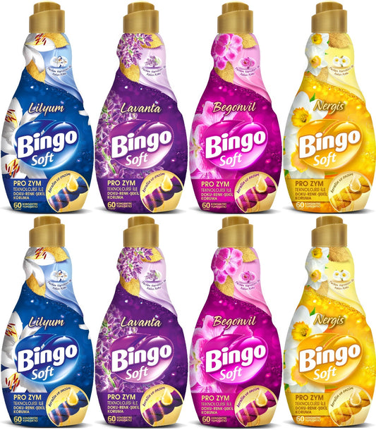 Bingo Soft Çamaşır Yumuşatıcı Konsantre 1440ML Karma 8 Li Set (Lilyum-Lavanta-Begonvil-Nergis)