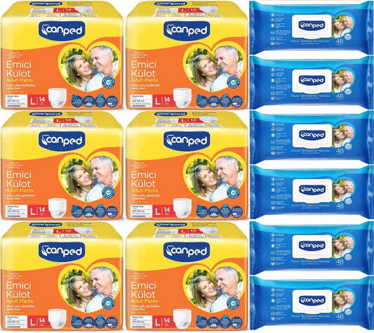 Canped Emici Külot Pants Yetişkin Bezi L - Büyük - Large 14 Adet- Temizleme Havlusu (12Li Set)