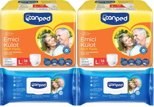 Canped Emici Külot Pants Yetişkin Bezi L - Büyük - Large 14 Adet - Temizleme Havlusu (4Lü Set)