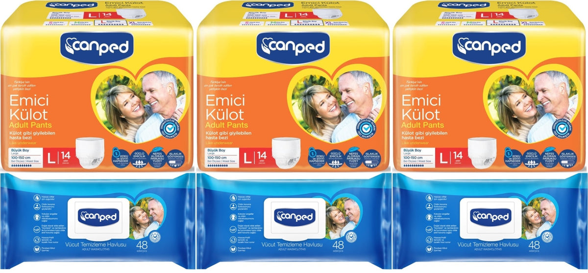 Canped Emici Külot Pants Yetişkin Bezi L - Büyük - Large 14 Adet - Temizleme Havlusu (6Lı Set)
