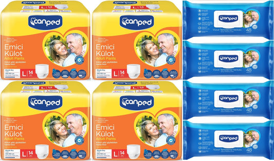 Canped Emici Külot Pants Yetişkin Bezi L - Büyük - Large 14 Adet - Temizleme Havlusu (8Li Set)