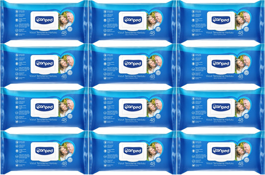 Canped Yetişkin Vücut Perine Temizleme Islak Mendil Havlu 48 Yaprak XL (12 Li Set) Plastik Kapaklı