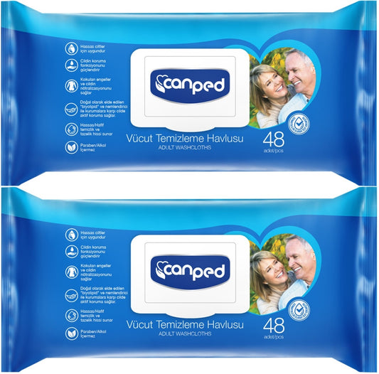 Canped Yetişkin Vücut Perine Temizleme Islak Mendil Havlu 48 Yaprak XL (2 Li Set) Plastik Kapaklı