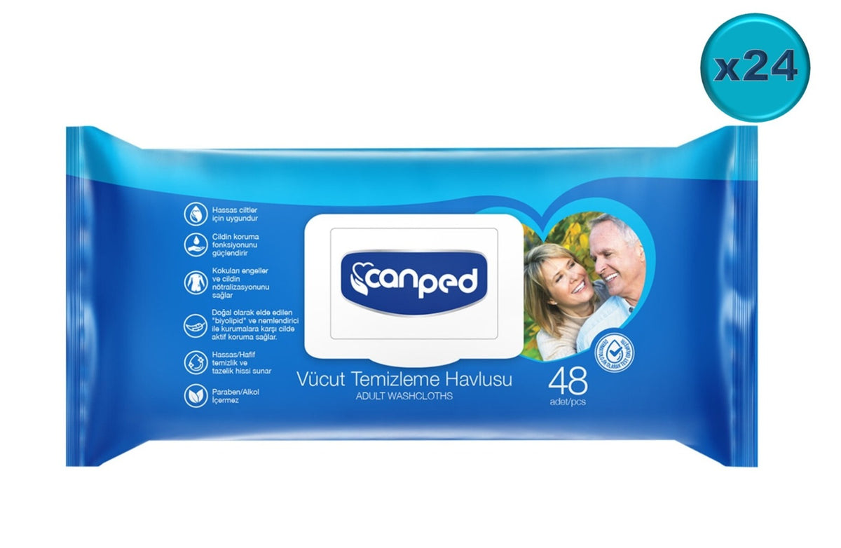 Canped Yetişkin Vücut Perine Temizleme Islak Mendil Havlu 48 Yaprak XL (24 Lü Set) Plastik Kapaklı