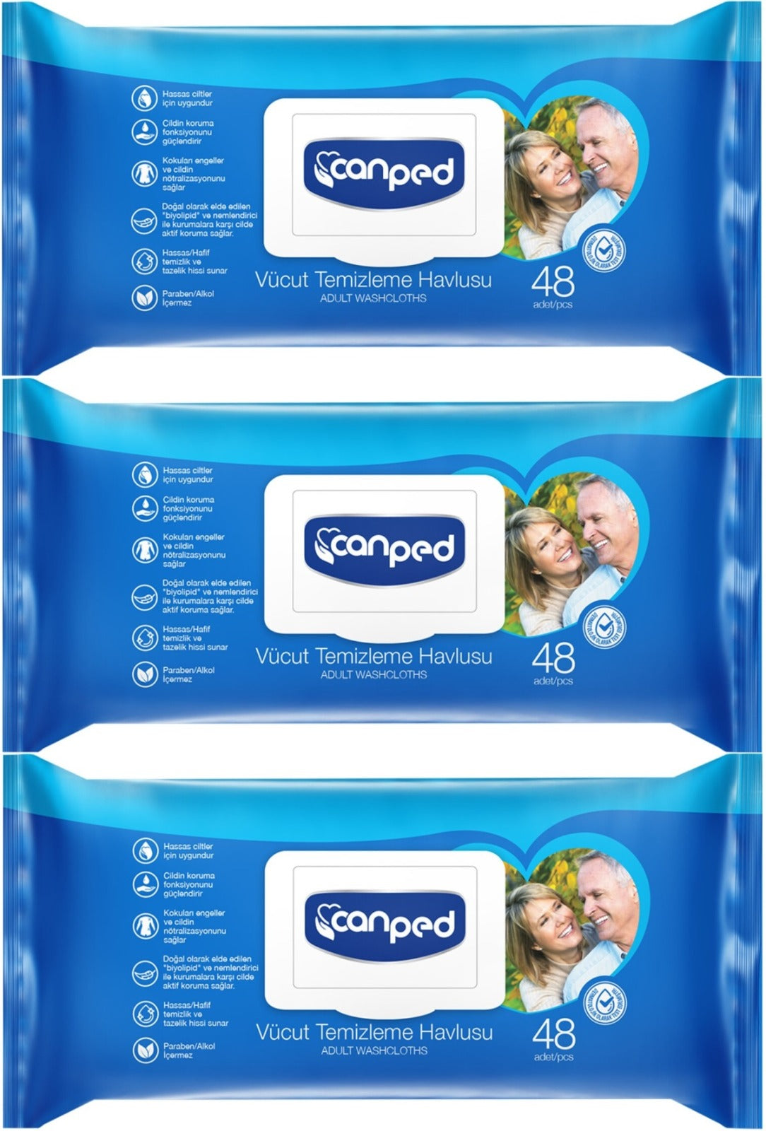 Canped Yetişkin Vücut Perine Temizleme Islak Mendil Havlu 48 Yaprak XL (3 Lü Set) Plastik Kapaklı