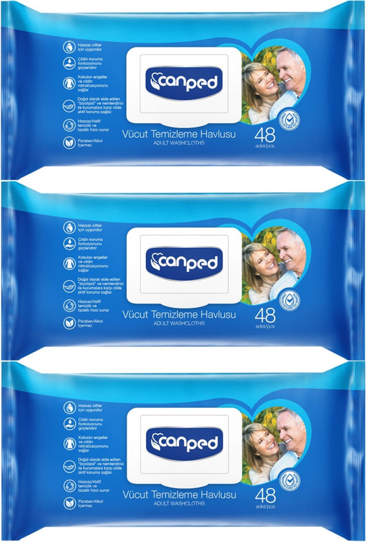 Canped Yetişkin Vücut Perine Temizleme Islak Mendil Havlu 48 Yaprak XL (3 Lü Set) Plastik Kapaklı