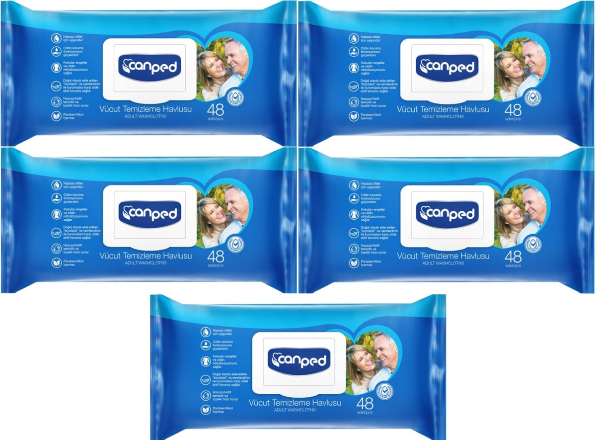 Canped Yetişkin Vücut Perine Temizleme Islak Mendil Havlu 48 Yaprak XL (5 Li Set) Plastik Kapaklı