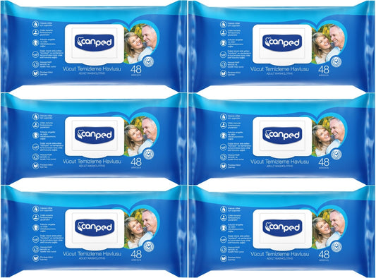 Canped Yetişkin Vücut Perine Temizleme Islak Mendil Havlu 48 Yaprak XL (6 Lı Set) Plastik Kapaklı