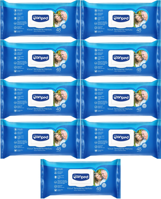 Canped Yetişkin Vücut Perine Temizleme Islak Mendil Havlu 48 Yaprak XL (9 Lu Set) Plastik Kapaklı