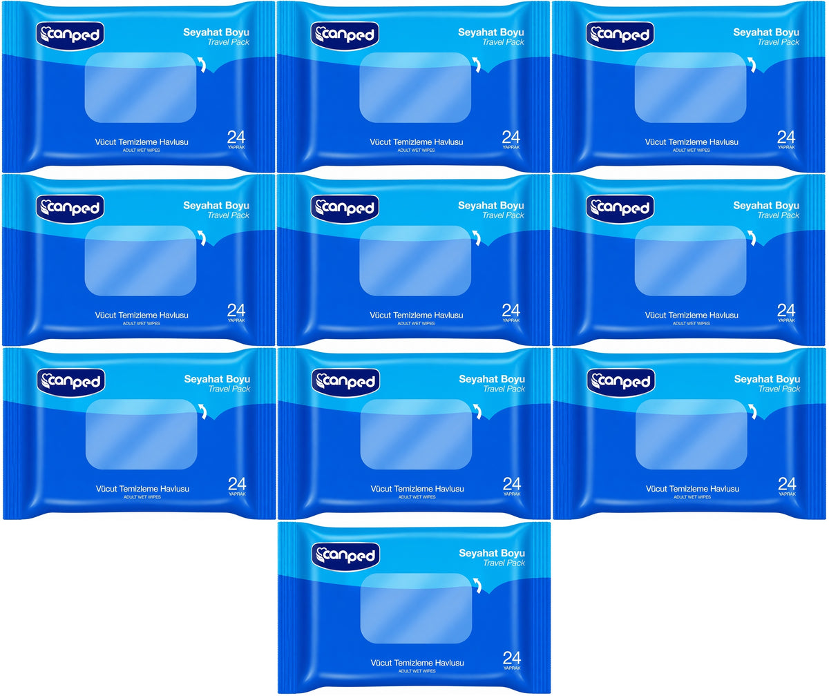 Canped Yetişkin Vücut Temizleme Islak Mendil Havlu 24 Yaprak Seyahat Boy 10 Lu Set (240 Yaprak)