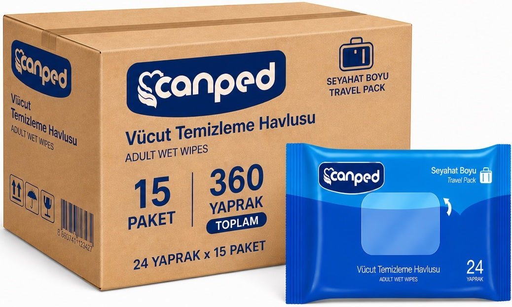 Canped Yetişkin Vücut Temizleme Islak Mendil Havlu 24 Yaprak Seyahat Boy 15 Li Set (360 Yaprak)