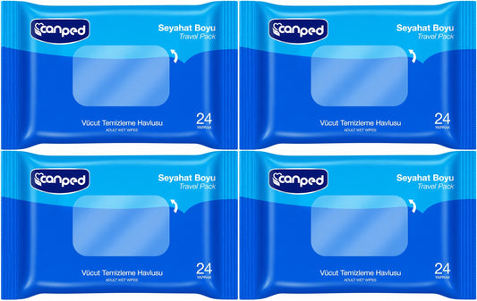 Canped Yetişkin Vücut Temizleme Islak Mendil Havlu 24 Yaprak Seyahat Boy 4 Lü Set (96 Yaprak)