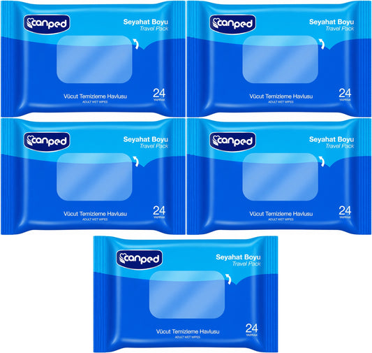 Canped Yetişkin Vücut Temizleme Islak Mendil Havlu 24 Yaprak Seyahat Boy 5 Li Set (120 Yaprak)