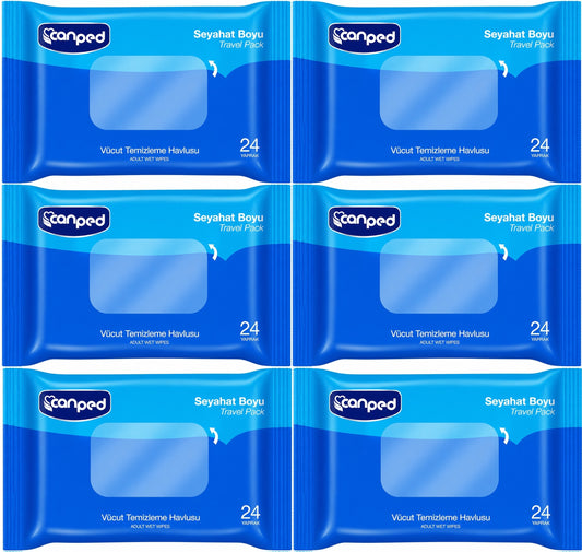 Canped Yetişkin Vücut Temizleme Islak Mendil Havlu 24 Yaprak Seyahat Boy 6 Lı Set (144 Yaprak)