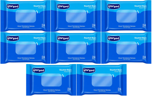 Canped Yetişkin Vücut Temizleme Islak Mendil Havlu 24 Yaprak Seyahat Boy 8 Li Set (192 Yaprak)