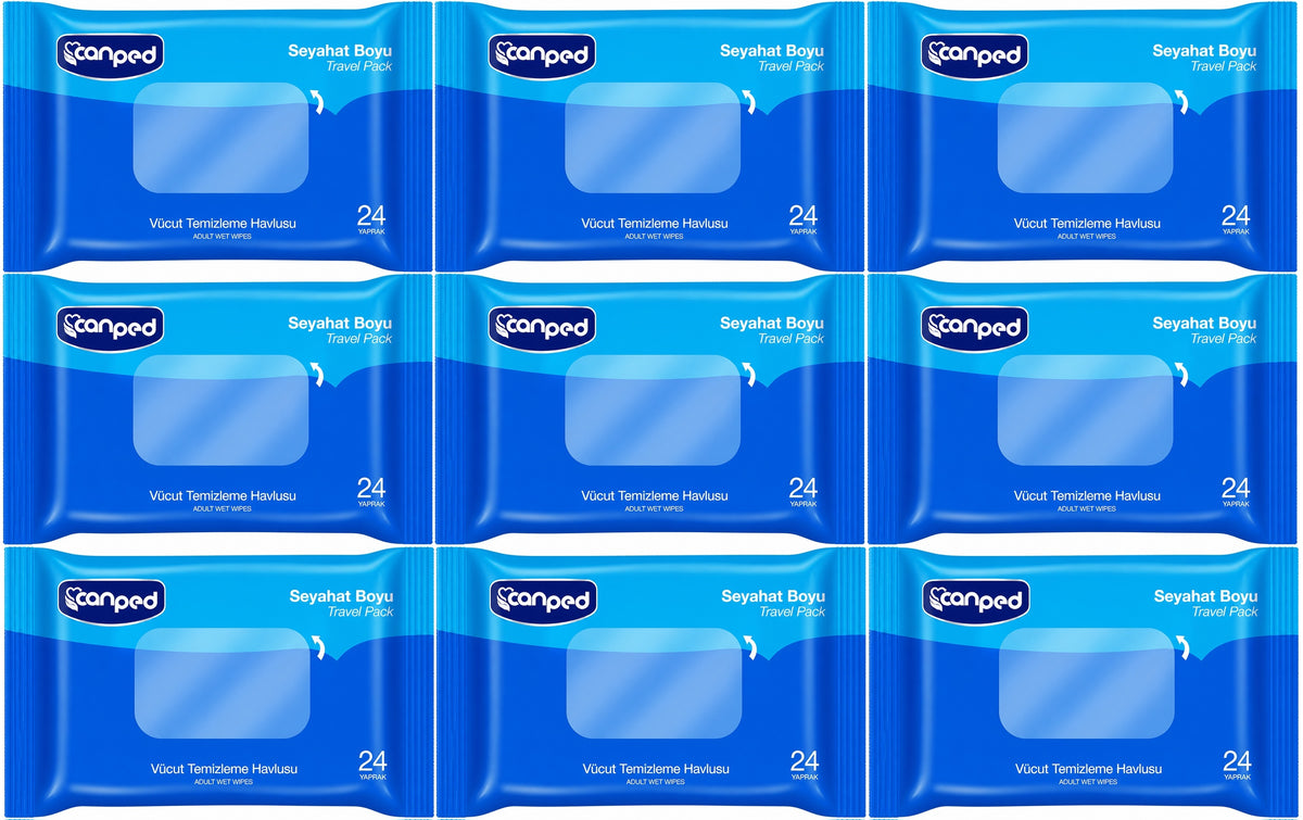 Canped Yetişkin Vücut Temizleme Islak Mendil Havlu 24 Yaprak Seyahat Boy 9 Lı Set (216 Yaprak)