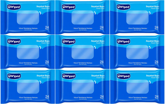 Canped Yetişkin Vücut Temizleme Islak Mendil Havlu 24 Yaprak Seyahat Boy 9 Lı Set (216 Yaprak)