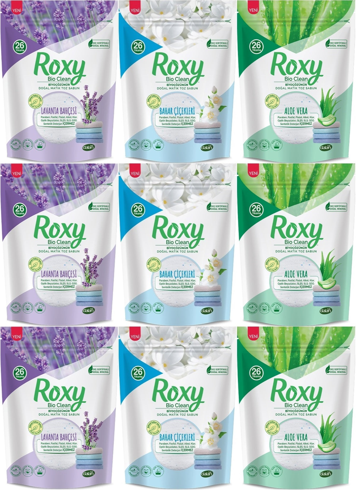 Dalan Roxy Bio Clean Matik Sabun Tozu 800GR Karma 9 Lu Set (Lavanta/Bahar/Aloe Vera) (234 Yıkama)