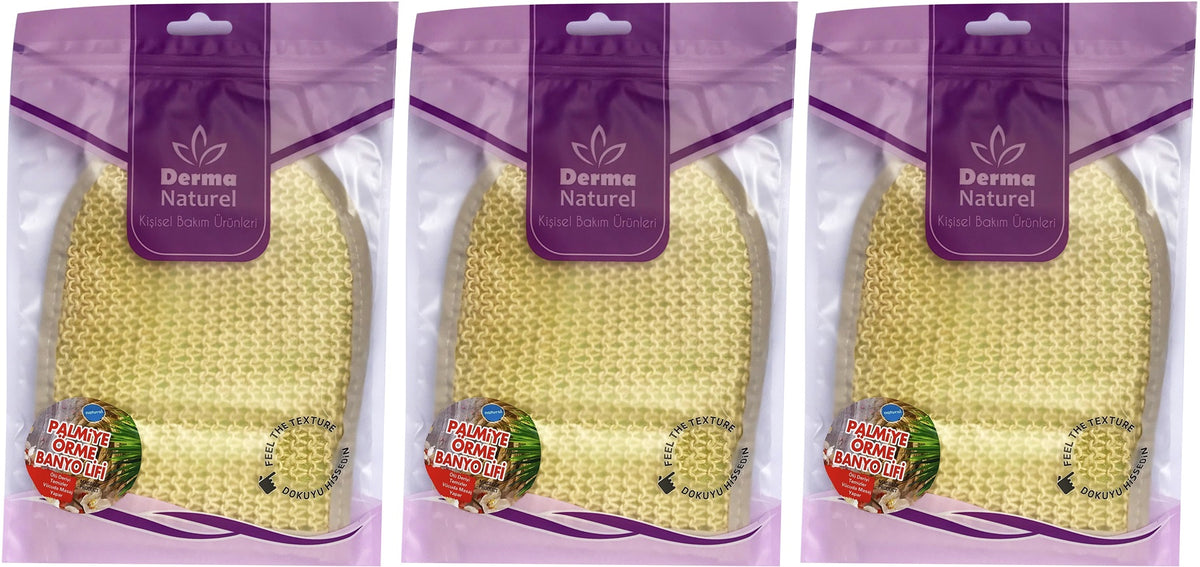 Derma Naturel Palmiye Lifi Örme Banyo Eldiveni (15*24CM) MS-04 (3 Lü Set)