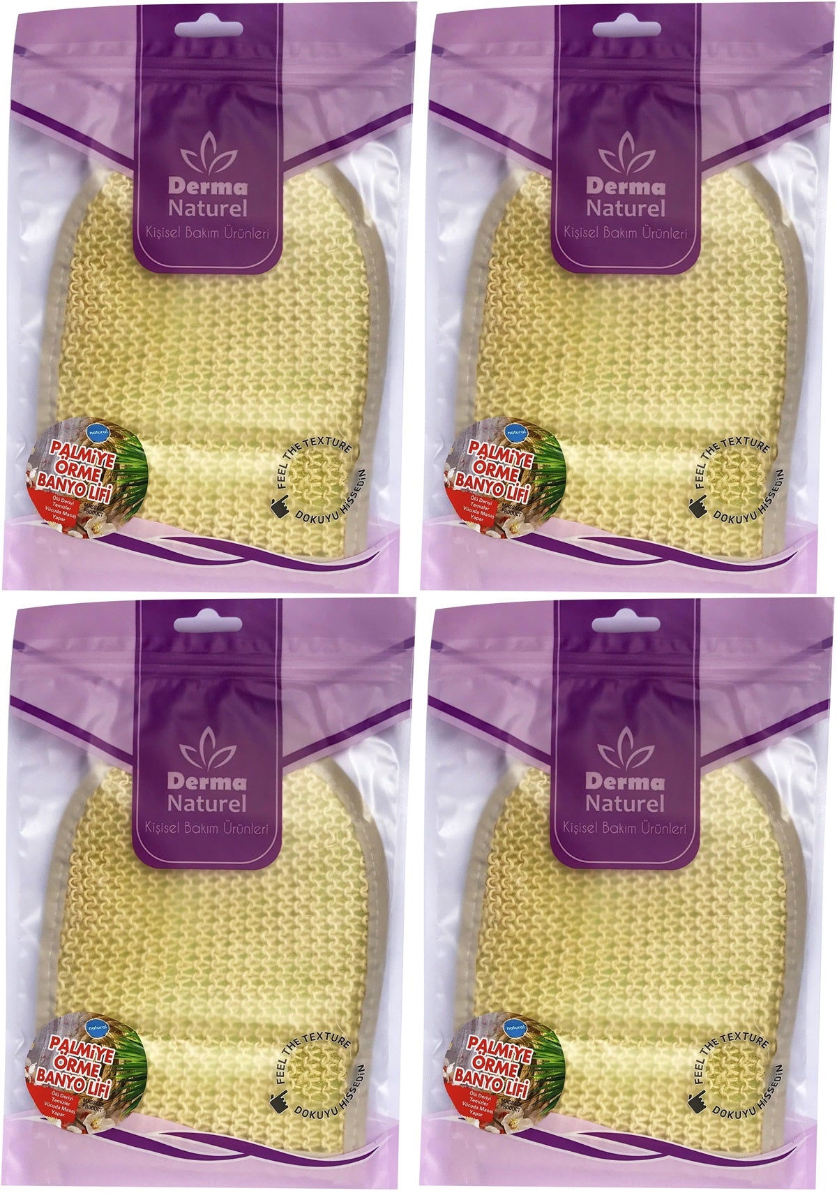 Derma Naturel Palmiye Lifi Örme Banyo Eldiveni (15*24CM) MS-04 (4 Lü Set)