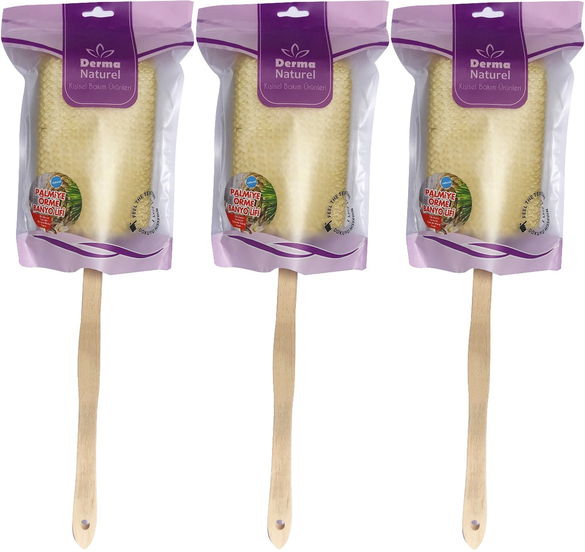 Derma Naturel Palmiye Örme Sopalı Banyo Sırt Lifi (8*24CM) MS-09 (3 Lü Set)