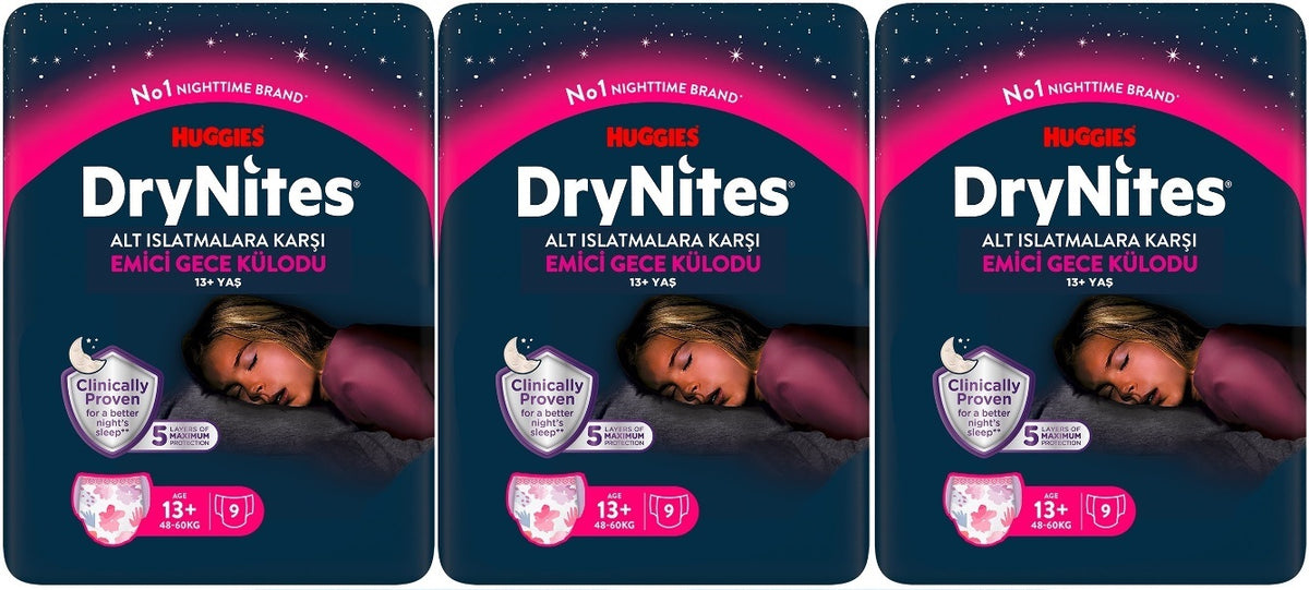 Drynites Emici Gece Külodu/Külot Bez Kız 13+ Yaş (48-60KG) X Large 27 Adet (3PK*9)