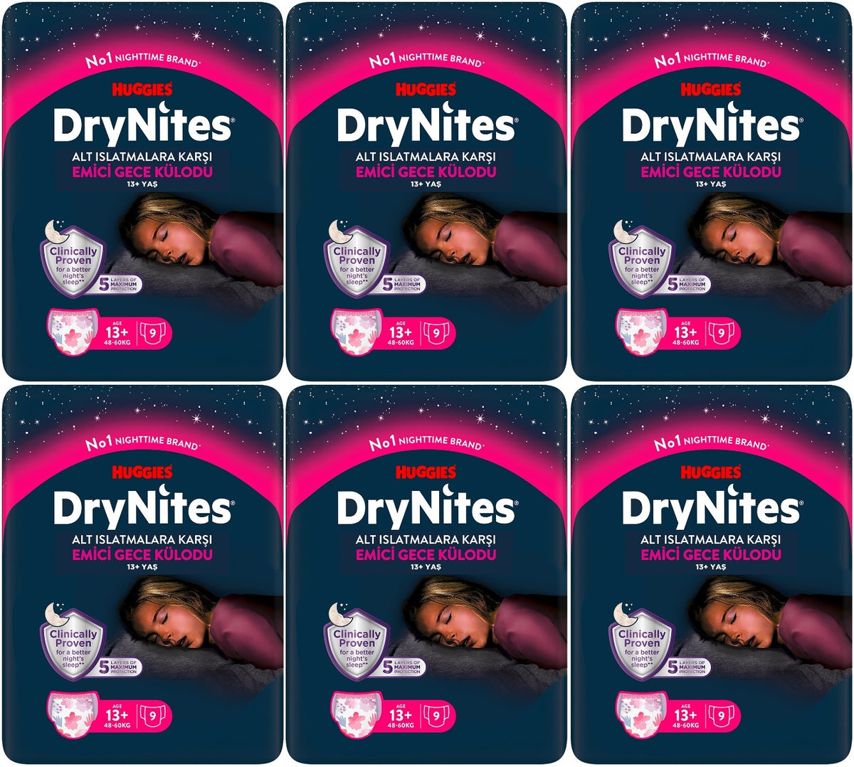 Drynites Emici Gece Külodu/Külot Bez Kız 13+ Yaş (48-60KG) X Large 54 Adet (6PK*9)