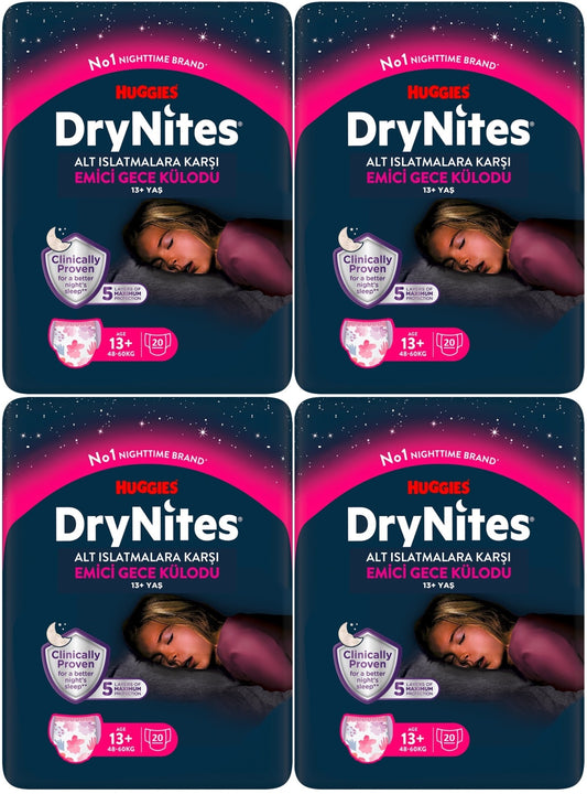 Drynites Emici Gece Külodu/Külot Bez Kız 13+ Yaş (48-60KG) X Large 80 Adet Mega Pk (4PK*20)