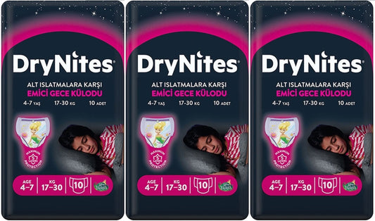 Drynites Emici Gece Külodu/Külot Bez Kız 4-7 Yaş 17-30 KG Large 30 Adet 3PK*10 Alt Islatmalara Karşı