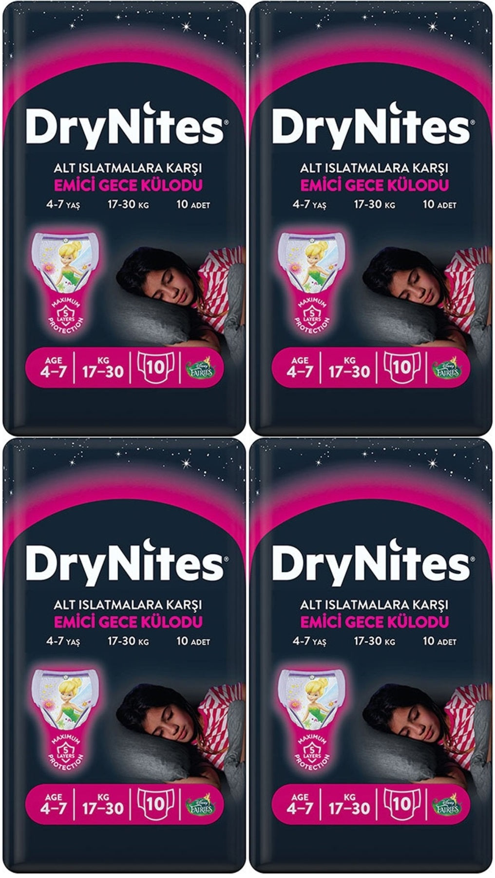 Drynites Emici Gece Külodu/Külot Bez Kız 4-7 Yaş 17-30 KG Large 40 Adet 4PK*10 Alt Islatmalara Karşı