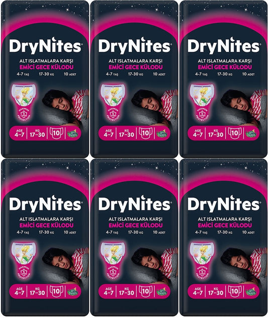 Drynites Emici Gece Külodu/Külot Bez Kız 4-7 Yaş 17-30 KG Large 60 Adet 6PK*10 Alt Islatmalara Karşı