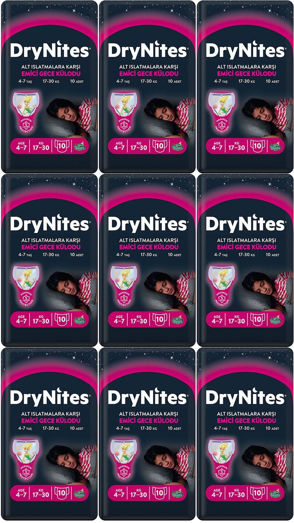 Drynites Emici Gece Külodu/Külot Bez Kız 4-7 Yaş 17-30 KG Large 90 Adet 9PK*10 Alt Islatmalara Karşı