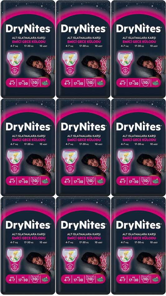 Drynites Emici Gece Külodu/Külot Bez Kız 4-7 Yaş 17-30 KG Large 90 Adet 9PK*10 Alt Islatmalara Karşı