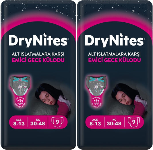 Drynites Emici Gece Külodu/Külot Bez Kız 8-13 Yaş 30-48KG Large 18 Adet 2PK*9 Alt Islatmalara Karşı