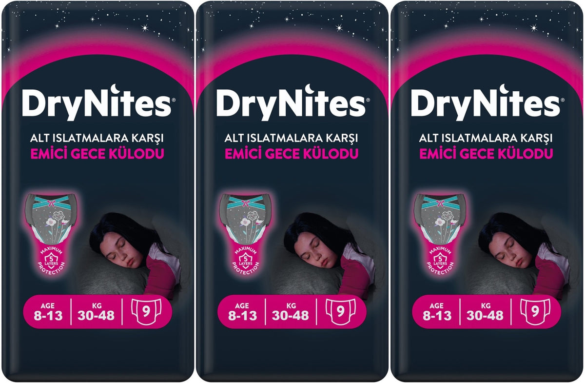 Drynites Emici Gece Külodu/Külot Bez Kız 8-13 Yaş 30-48KG Large 27 Adet 3PK*9 Alt Islatmalara Karşı